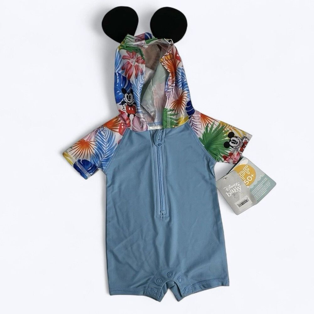 Disney Baby Mickey Mouse Hooded One Piece Tropical Swimsuit 3‑6M‎ UPF 50+ NEW